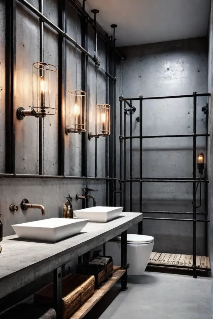 Industrial bathroom with metal cage sconces and track lighting