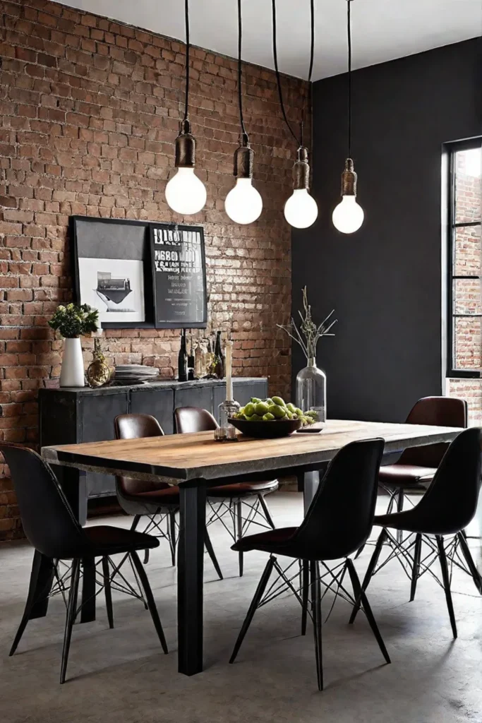 Industrial dining room with concreteeffect wallpaper and exposed brick