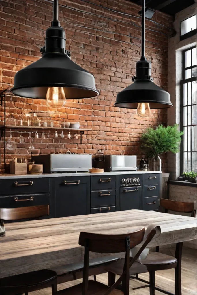 Industrial kitchen with track lighting and Edison bulbs