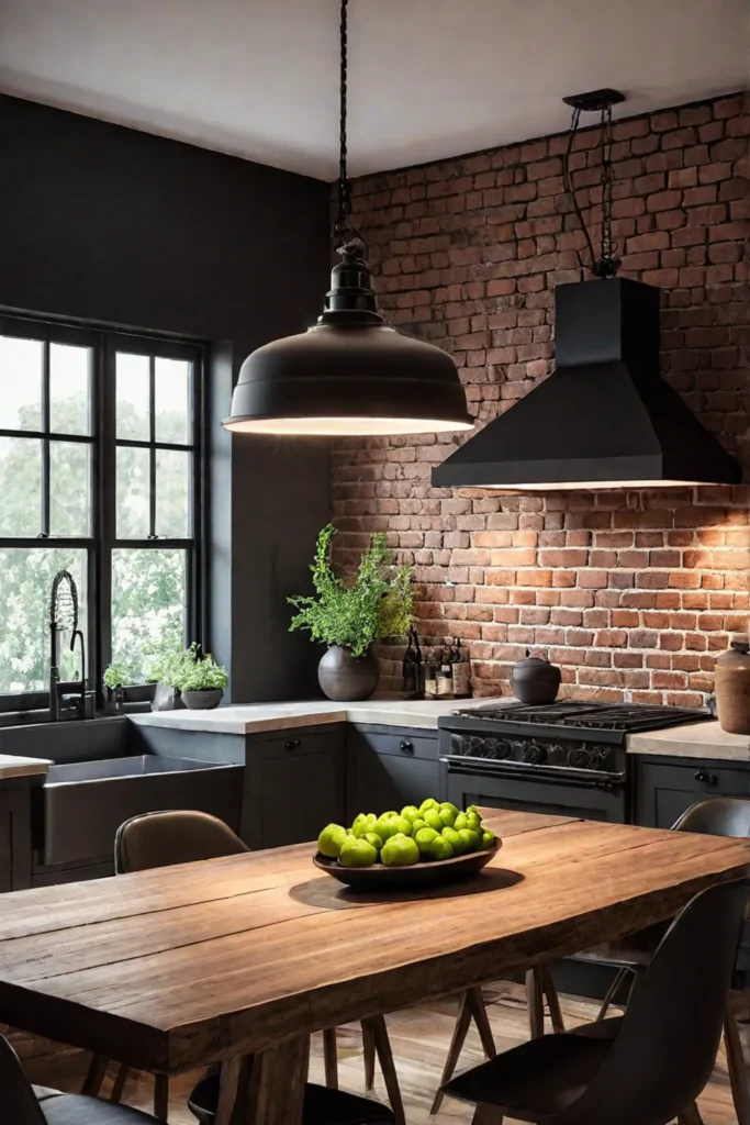 Industrialchic kitchen with pendant lights and exposed brick