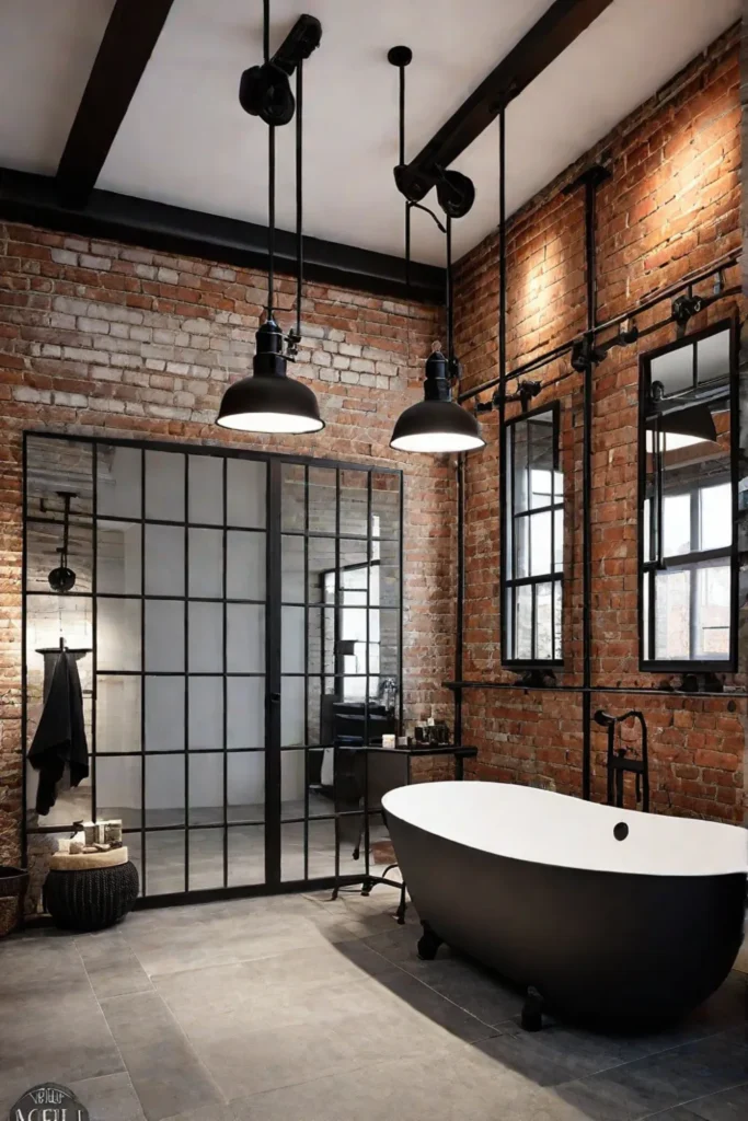 Industrialstyle bathroom with exposed brick black metal fixtures and track lighting