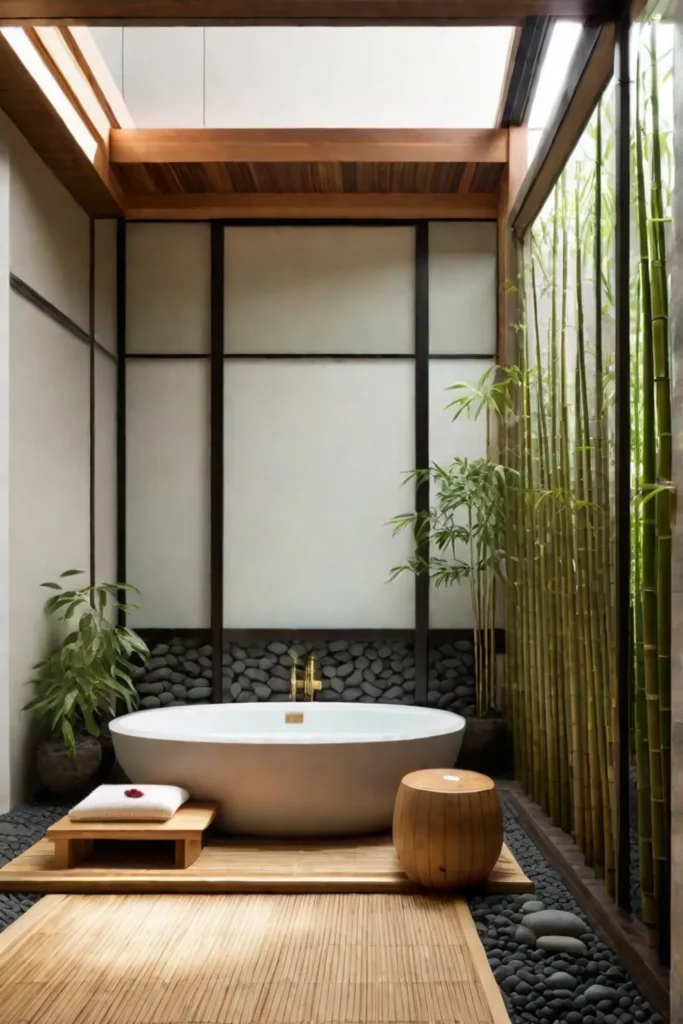 Japanese bathroom with soaking tub and bamboo plants