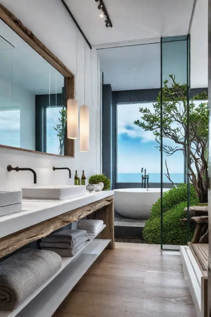 Japaneseinspired bathroom with driftwood