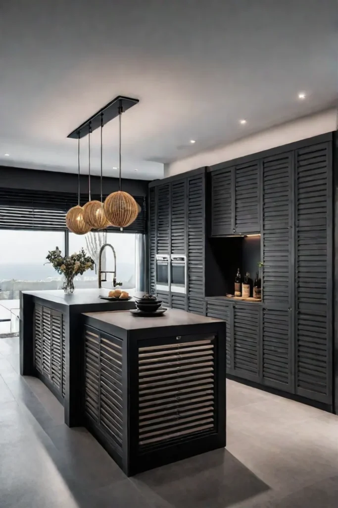 Kitchen design with industrial lighting and metal accents