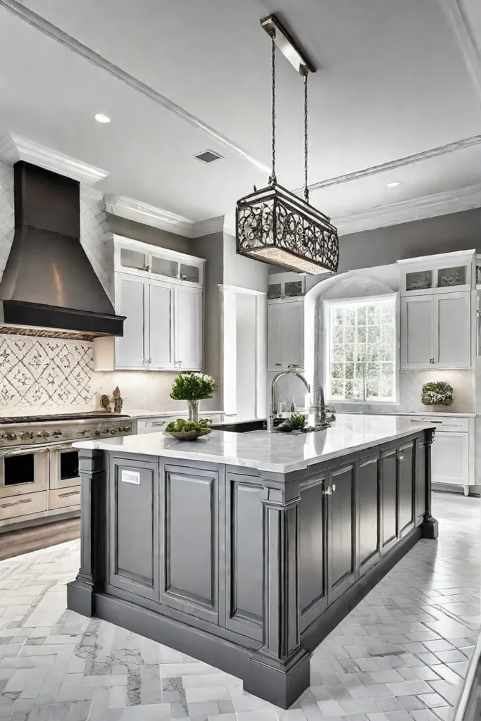 Kitchen island with white marble countertop and patterned tile backsplash