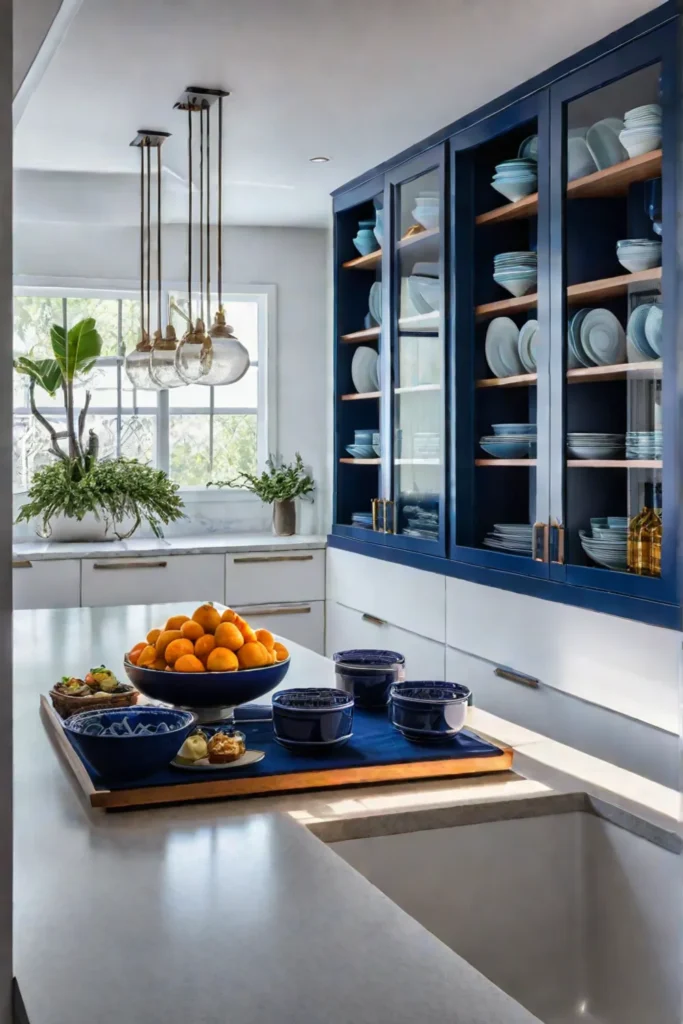 Kitchen with glassfront cabinets and colorful dishware