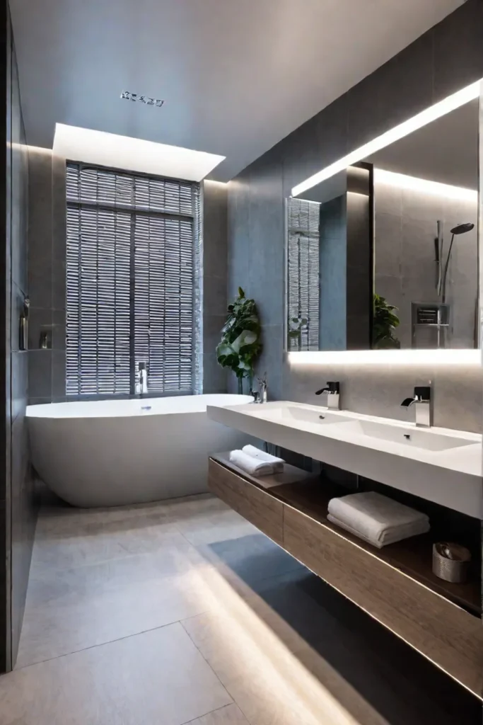 LEDlit mirror and recessed lighting contribute to a functional and stylish minimalist bathroom