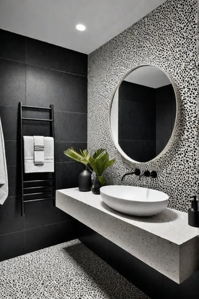 Large format tiles and matte black fixtures in a modern bathroom