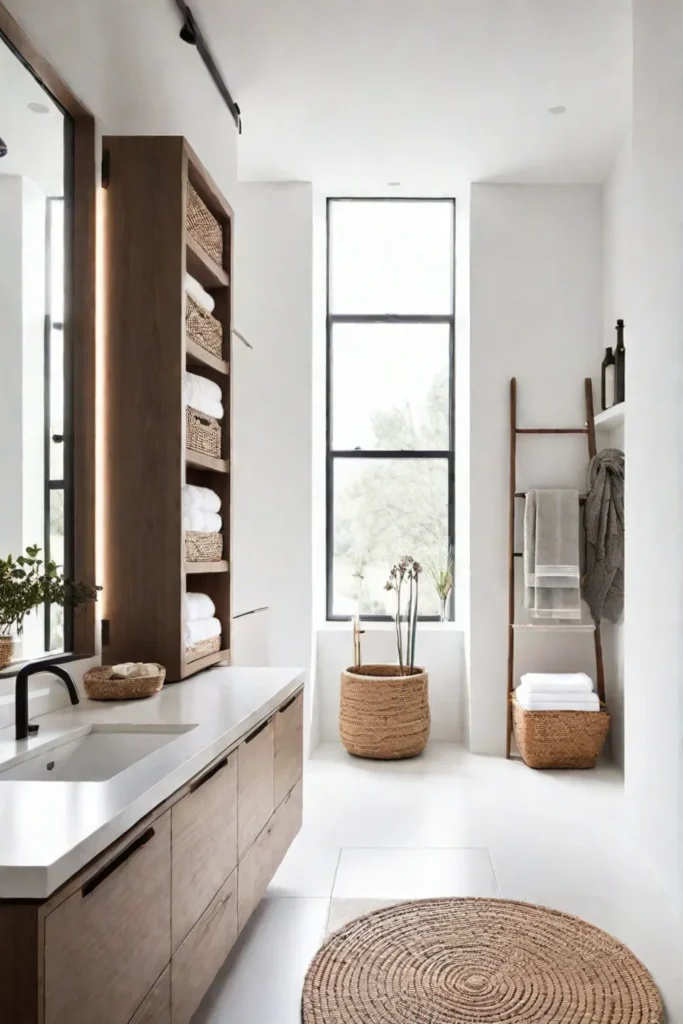 Light and airy bathroom with large window and white walls