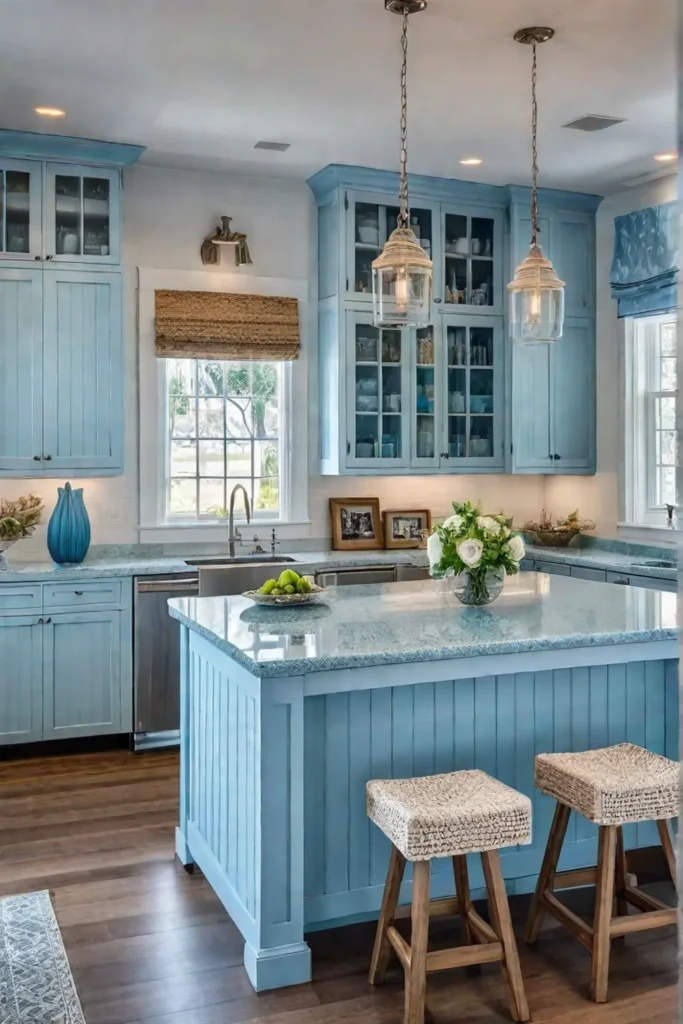 Light and airy kitchen with wicker bar stools and coastal accents