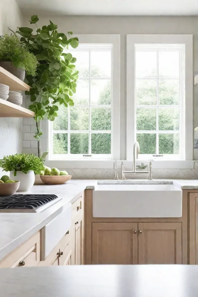 Light wood cabinets with white quartz countertops and a farmhouse sink