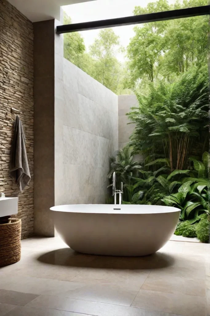 Lush greenery is visible through a large window in a serene minimalist bathroom