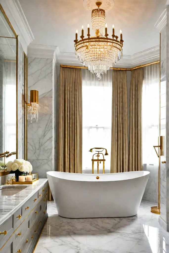 Luxurious bathroom with marble walls gold accents and a crystal chandelier