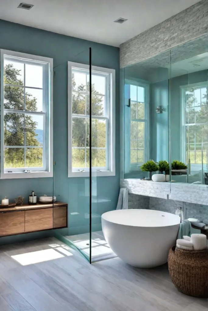 Luxurious bathroom with natural elements and spalike amenities