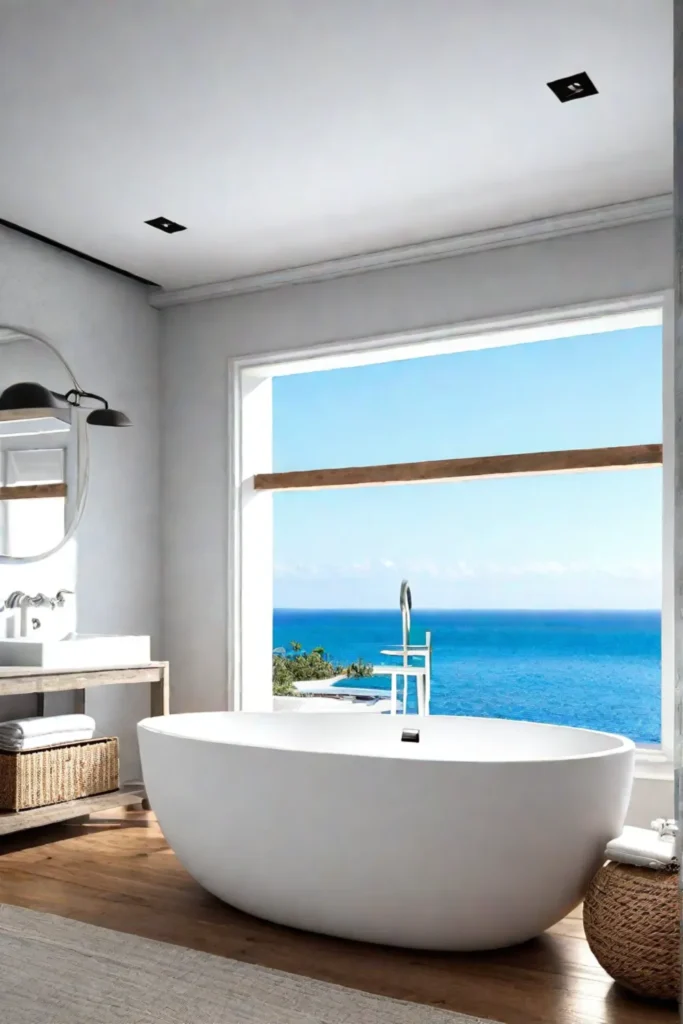 Luxurious coastal bathroom with ocean view