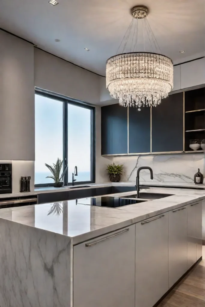 Luxurious kitchen with statement chandelier and marble countertops