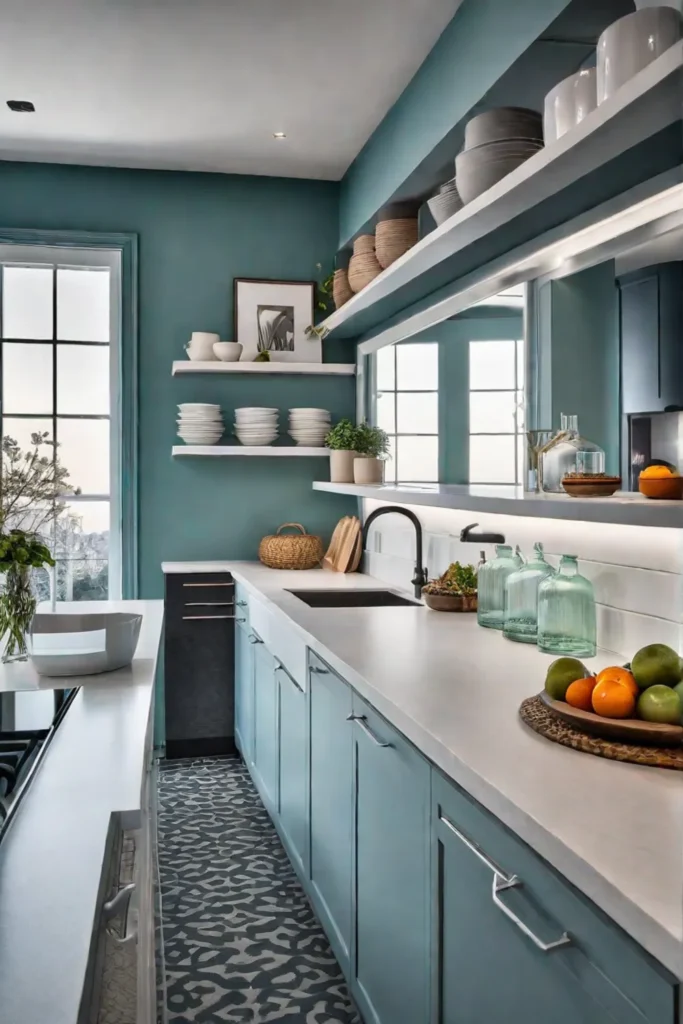 Maximizing space in a galley kitchen with mirrors and open shelving