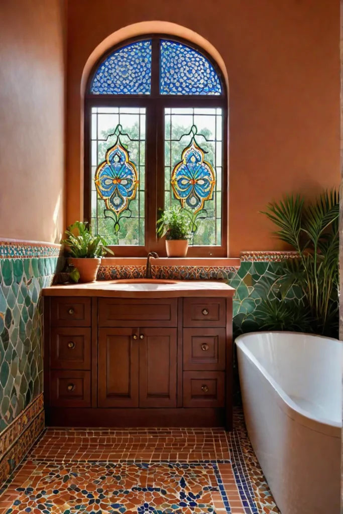 Mediterranean bathroom with mosaic tiles and terracotta floor