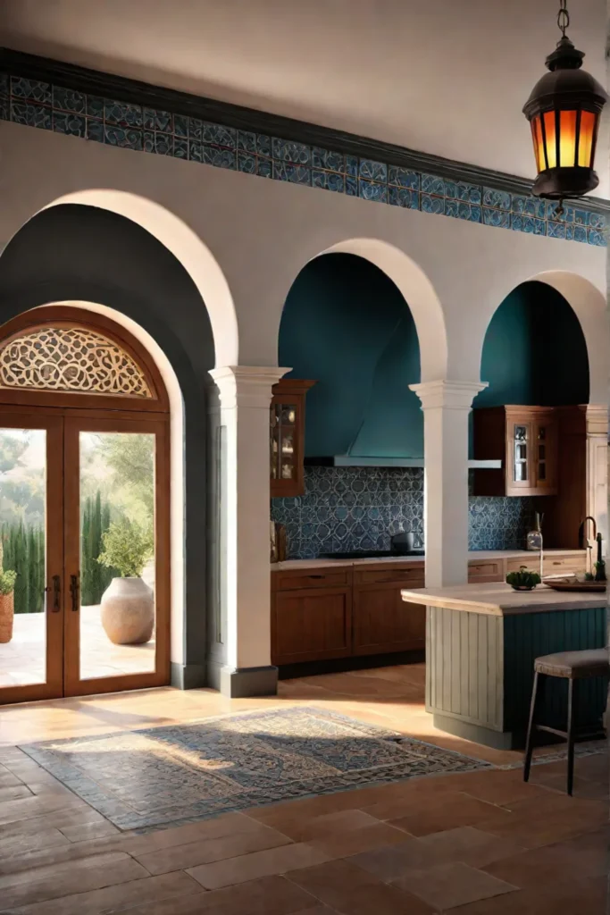 Mediterranean kitchen with wall sconces and pendant light