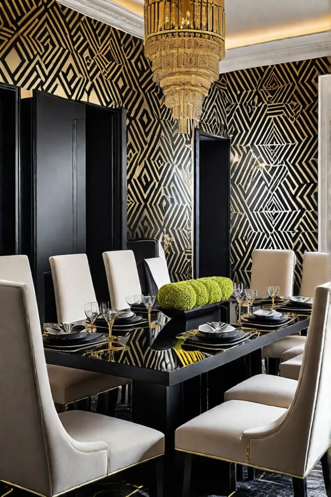 Metallic gold geometric wallpaper statement wall in dining room