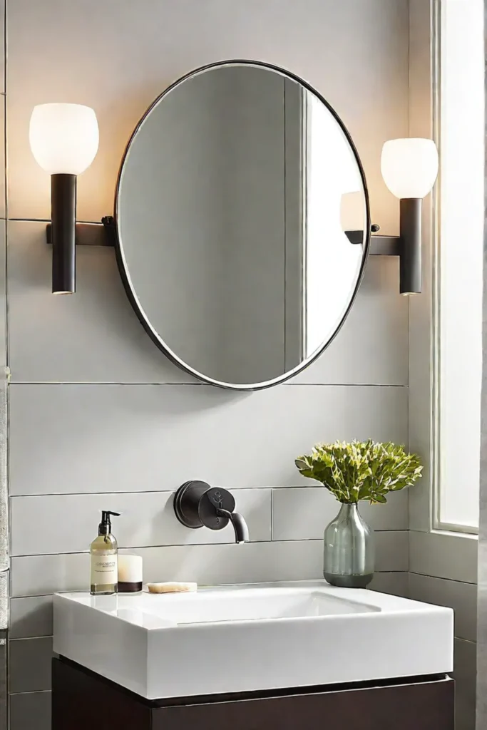Minimalist bathroom mirror flanked by sconces for a serene and uncluttered atmosphere