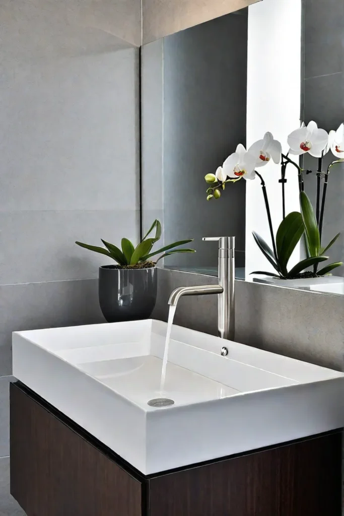 Minimalist bathroom vanity with vessel sink and orchid