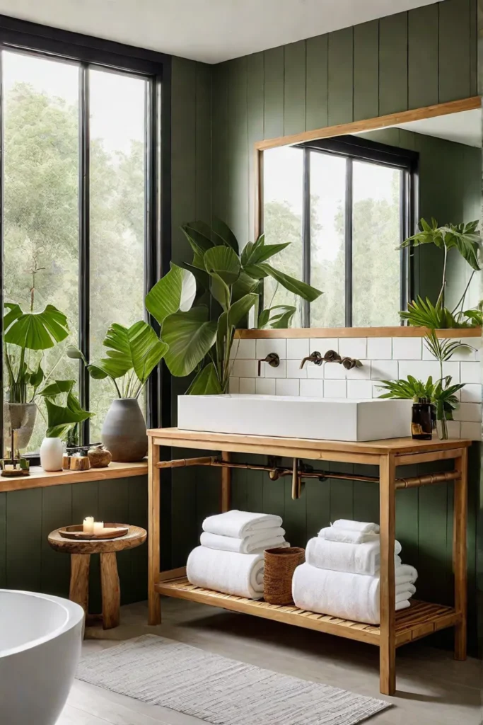 Minimalist bathroom with bamboo vanity and reclaimed wood floor