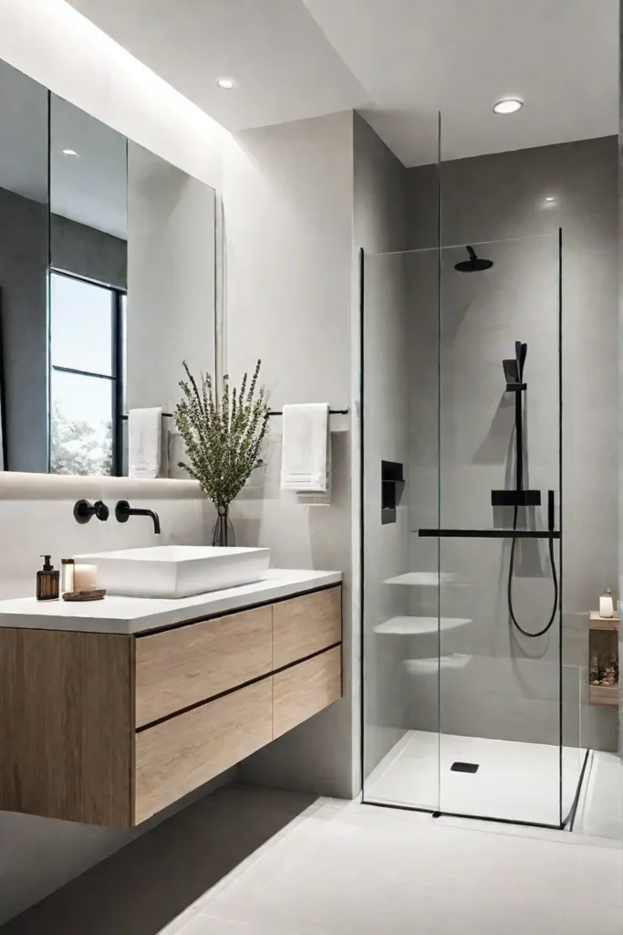 Minimalist bathroom with floating vanity and walkin shower