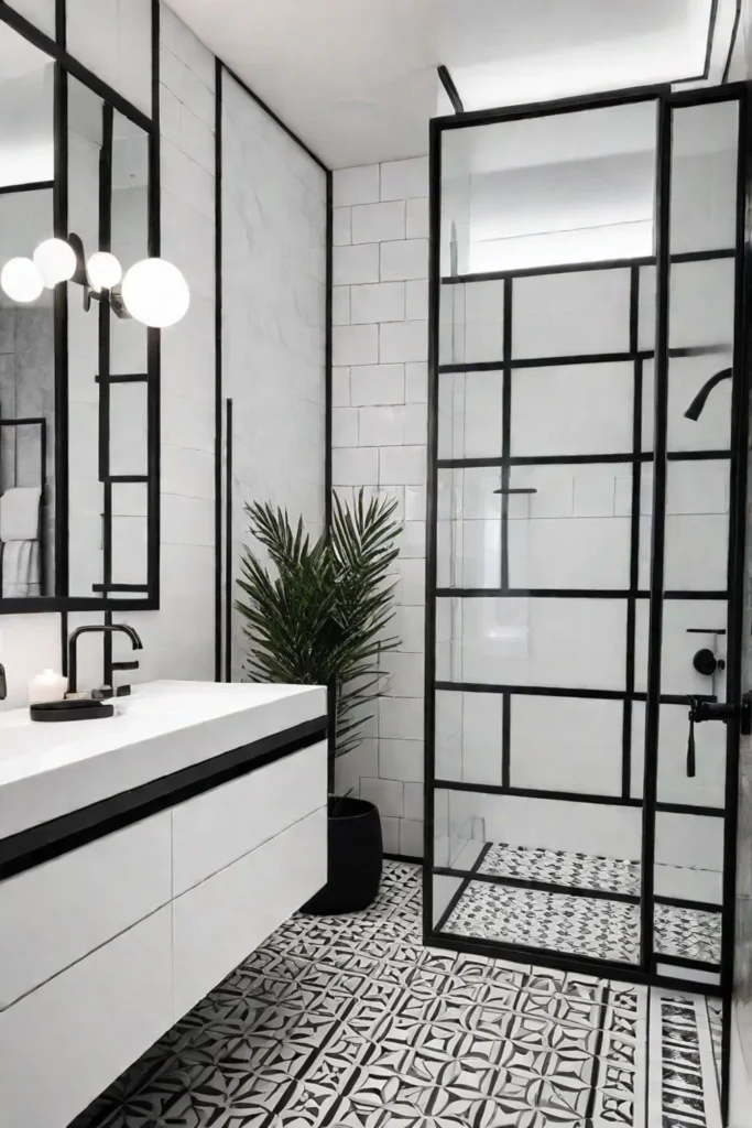 Minimalist bathroom with geometric patterned floor tile