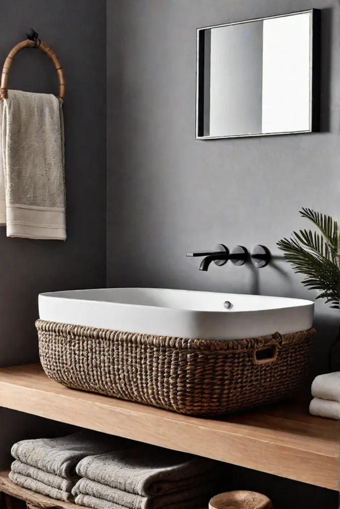 Minimalist bathroom with wooden countertop and woven basket