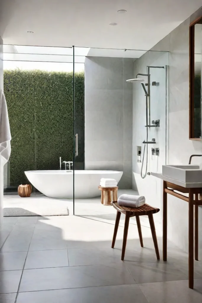 Minimalist bathroom with wooden stool and white towel