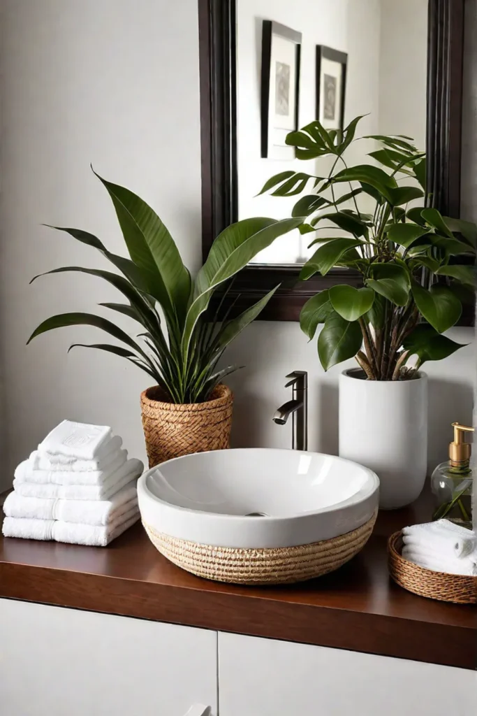 Minimalist bathroom with woven basket and plant