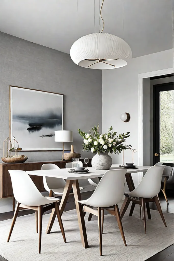 Minimalist dining room with a textured gray wallpaper