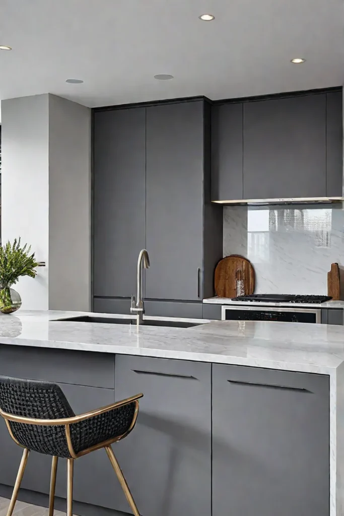 Minimalist kitchen gray cabinets island quartz countertop