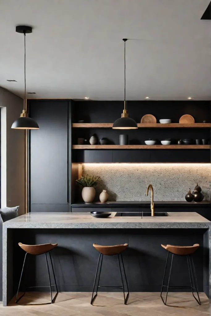 Minimalist kitchen open shelving black countertop natural stone