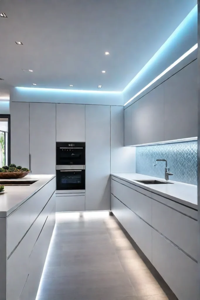 Minimalist kitchen with cooltoned LED recessed lighting