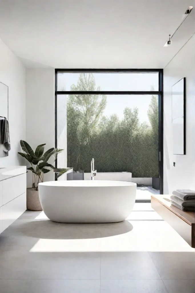 Minimalist white bathroom with freestanding tub
