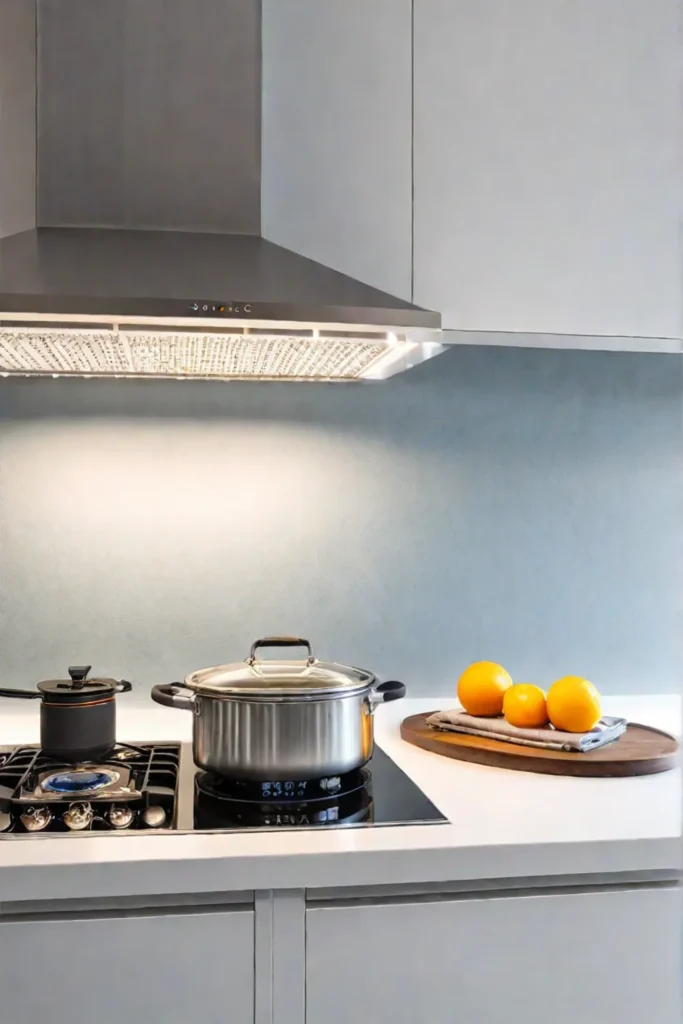 Mixed metallic and matte tile backsplash in a small kitchen