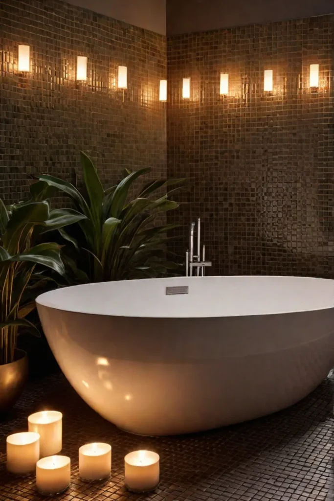 Modern bathroom with candlelit bathtub creating a spalike ambiance