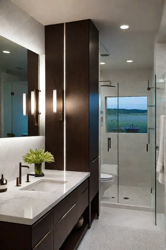 Modern bathroom with dark wood cabinets and vertical sconces flanking the mirror
