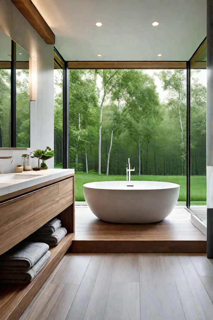 Modern bathroom with freestanding tub and nature view