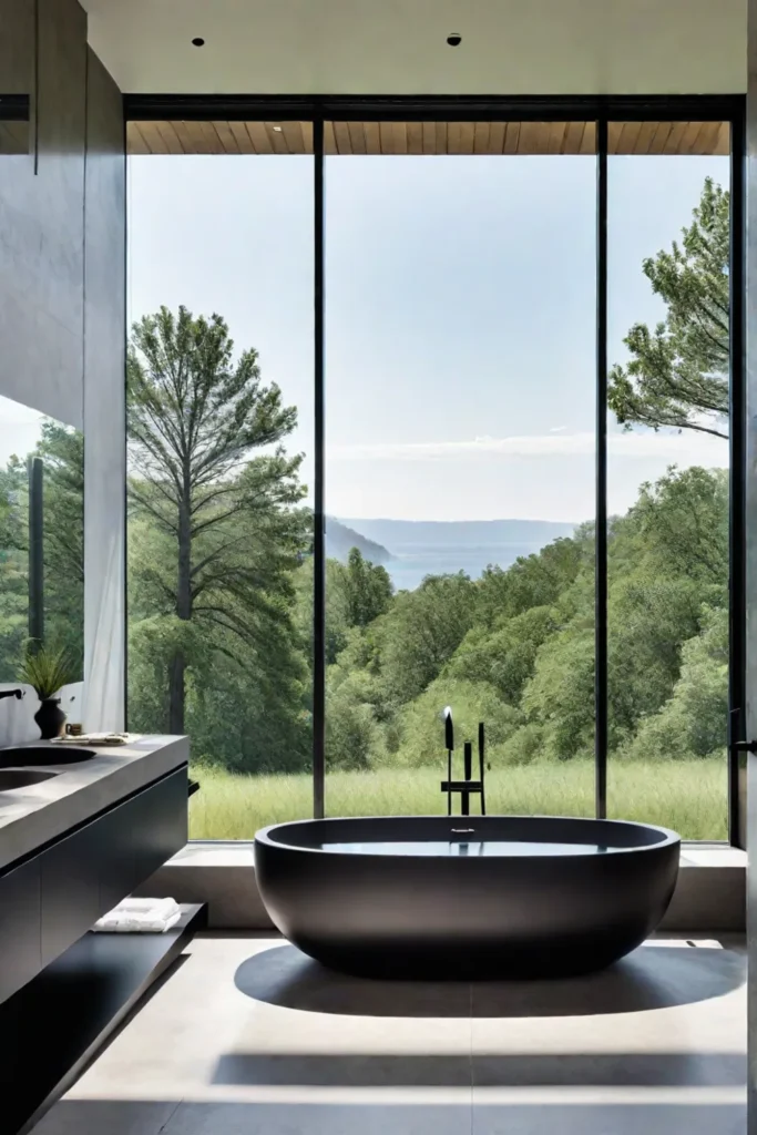 Modern bathroom with freestanding tub and nature views