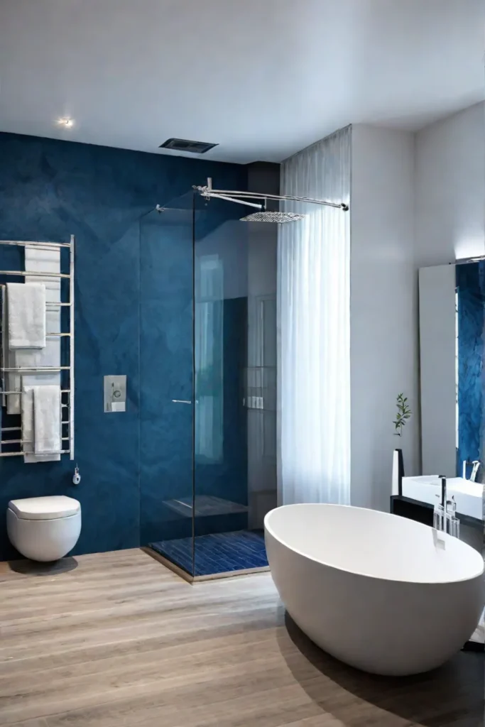 Modern coastal bathroom with blue accents