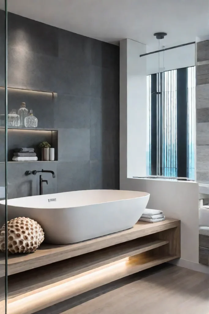 Modern coastal bathroom with natural textures and soft lighting