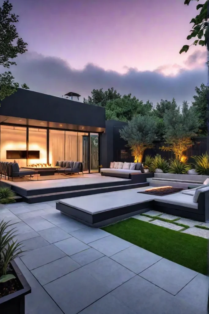 Modern deck with fire pit and outdoor lighting