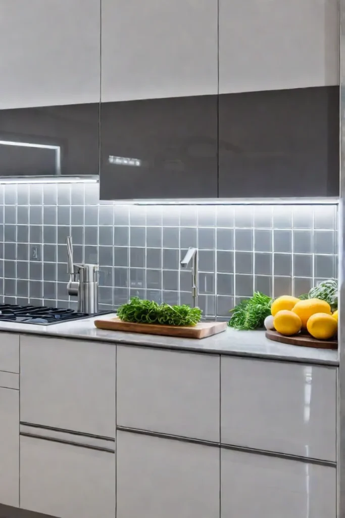 Modern elegant kitchen with integrated appliances and geometric backsplash