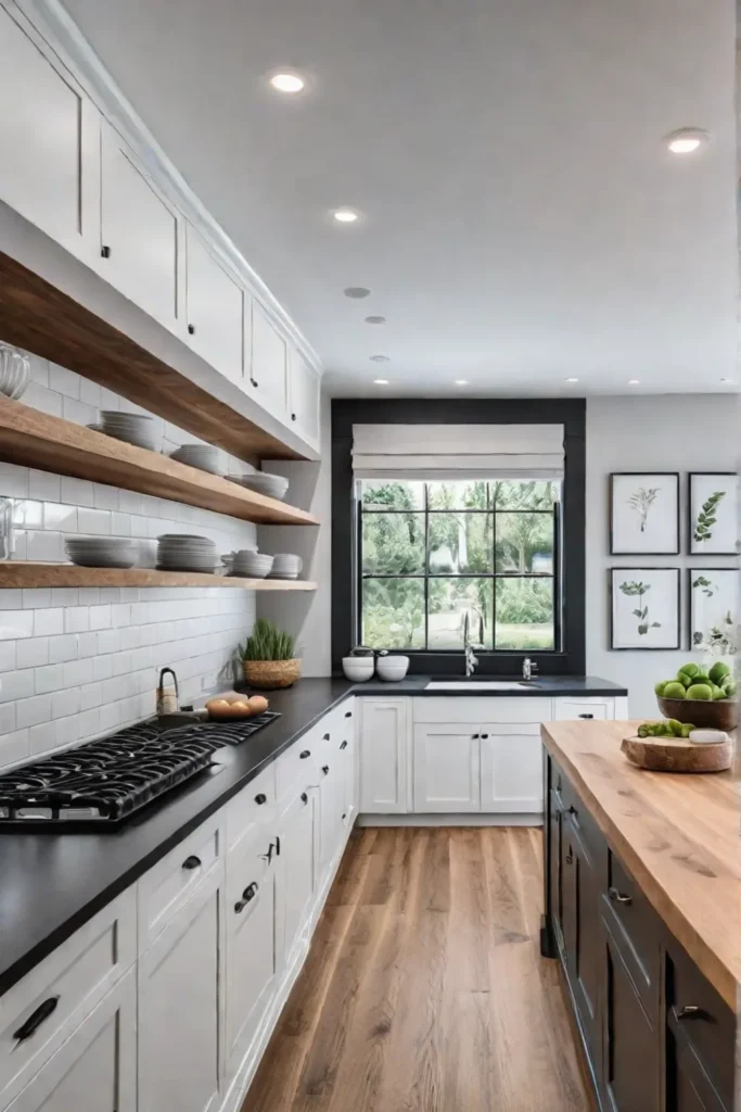 Modern farmhouse kitchen with white Shaker cabinets and black hardware