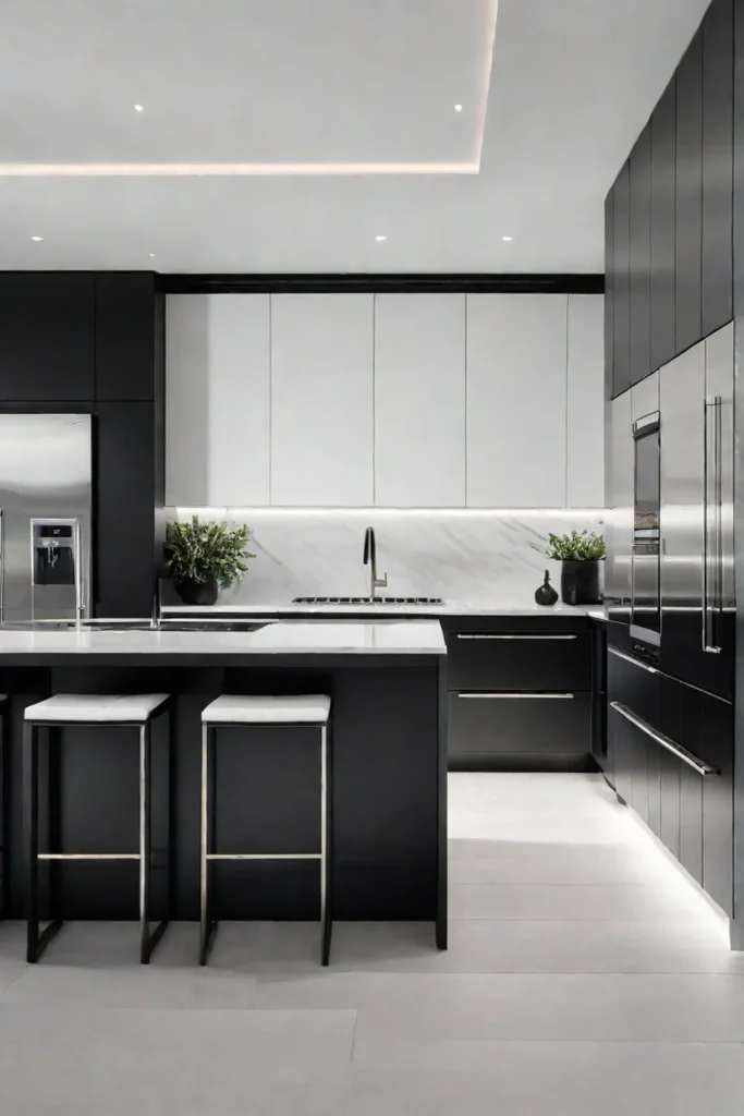 Modern kitchen black and white stainless steel appliances