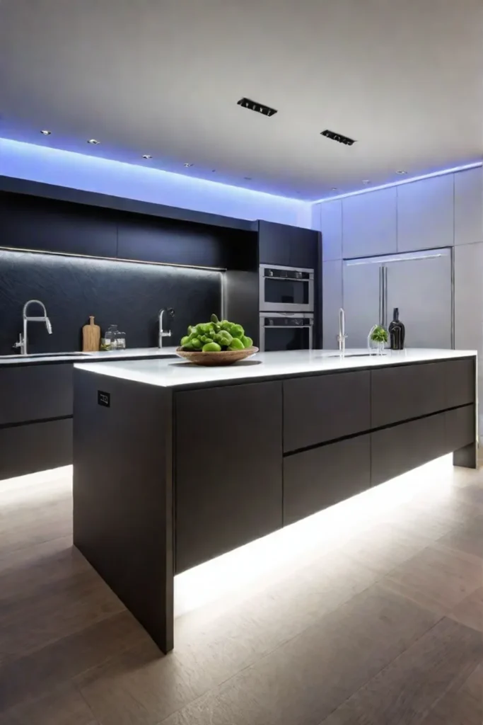 Modern kitchen island with recessed LED lighting and Energy Star appliances
