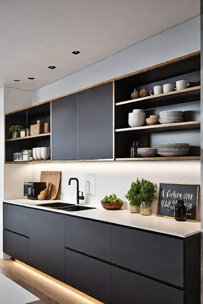 Modern kitchen open shelves upper cabinets